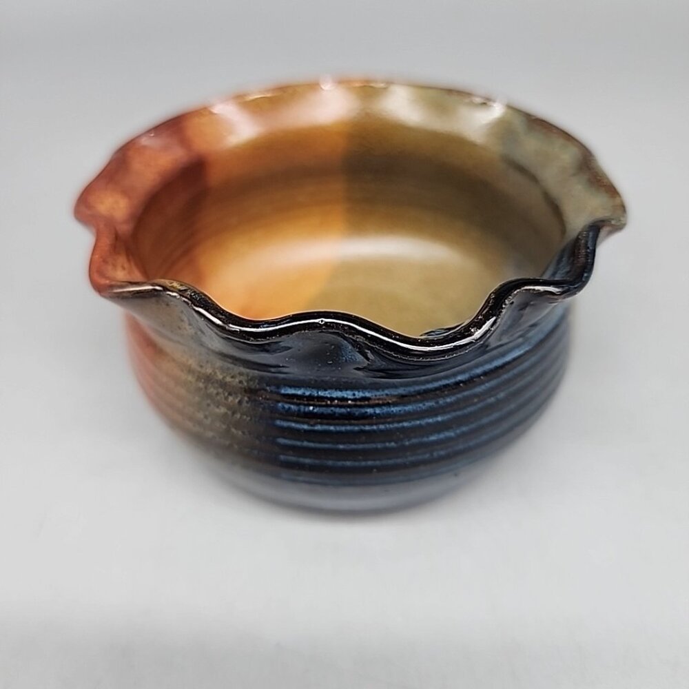 Handmade Pottery Bowl Scalloped Edge Trinket Dish Signed Brown Blue